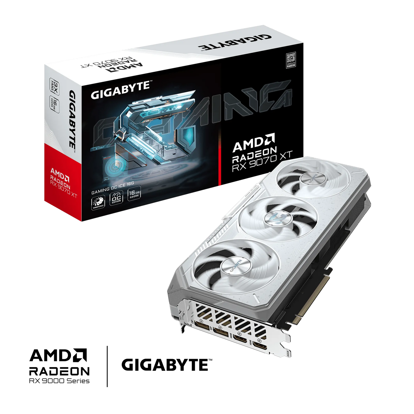 GIGABYTE AMD Radeon RX9070XT Gaming OC ICE - 16GB; 256-Bit Memory Bus; 2x HDMI; 2x DisplayPort. Min 850W PSU.