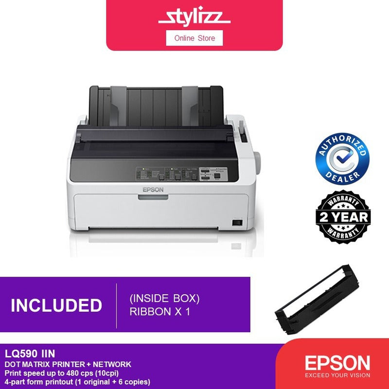 Epson - Lq-590iin Impact Dot Matrix Printer 24 Pin, 80 Column Pins: 24 Needles Printing Speed: 10 Cpi: 550 Chars/s, Highspeed-draft: 10 Cpi: 487 Chars/s, Draft: 10 Cpi: 366 Chars/s, Lq: 10 Cpi: 121 Chars/s Carbon Copies: 6 + 1 Original Connectivity: Hi