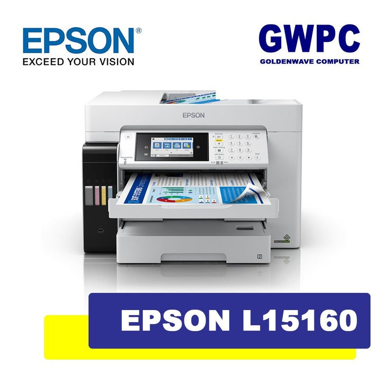 Epson - Ecotank L15160, A3+ Colour 4-in-1,usb, Wifi, Wi-fi Direct & Ethernet Printer with Lcd Screen Print Resolution: 4800 X 1200 Dpi Print Speed Iso: 25 Pages/min Mono, 25 Pages/min Colour Duplex: Automatic Paper Tray Capacity: 250 Sheets, 64-255g/m²