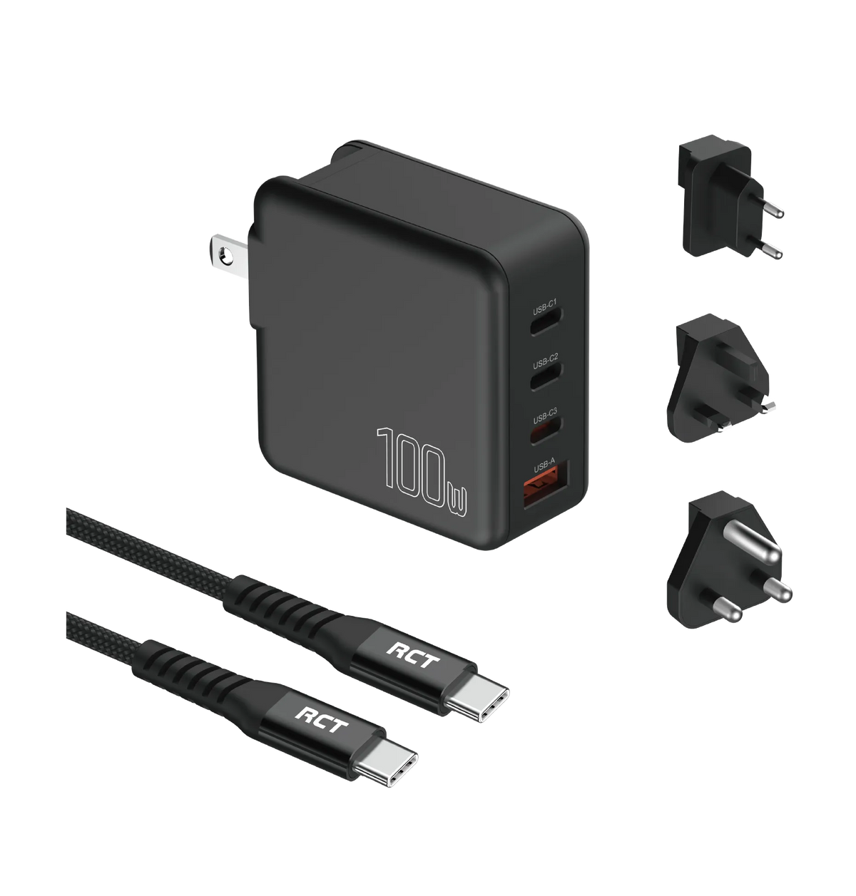 RCT 100W GaN fast charging travel kit | Travel adapter + (EU+UK+SA) Plug and cable | 1 year carry-in warranty