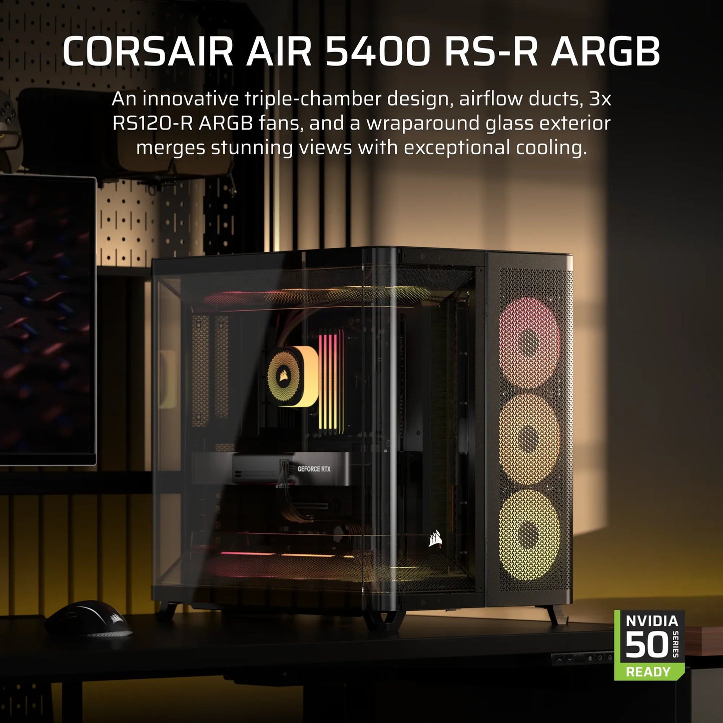 AIR 5400 RS-R ARGB Triple Chamber Mid-Tower PC Case ; 3x Fans Included; 2x 2.5'' ; 1x 3.5'' Black
