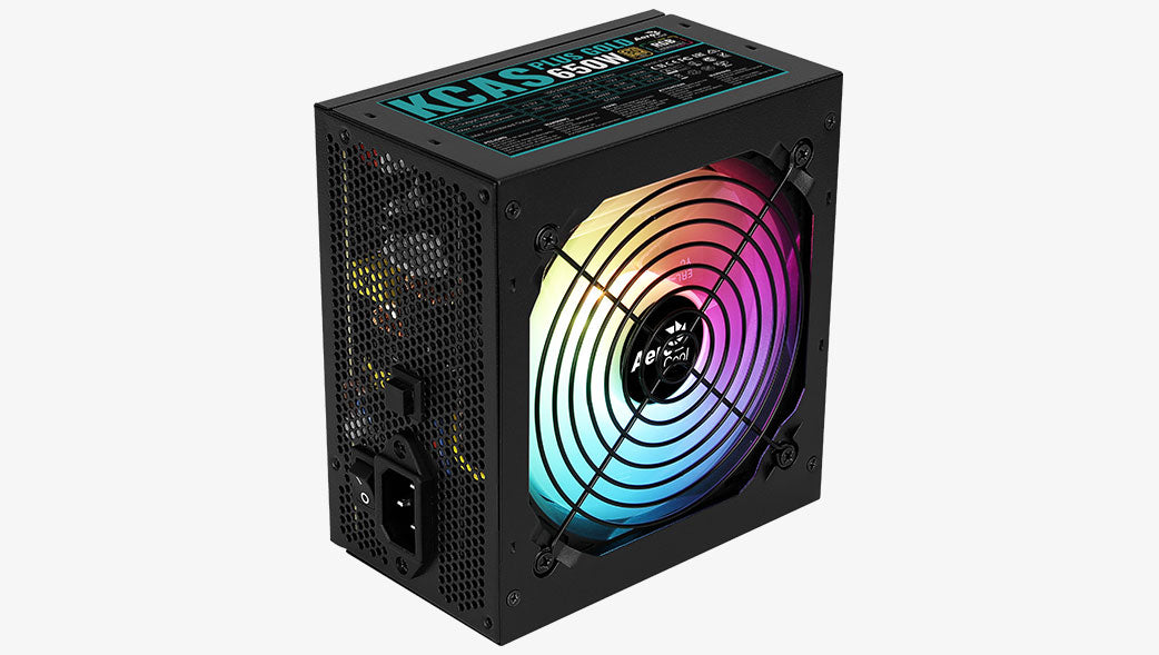Aerocool KCAS PLUS Gold 650W RGB PSU - ATX 24 PIN; 2x 4+4PIN CPU; 6x SATA; 3x PATA; 2x PCIe 6+2PIN.