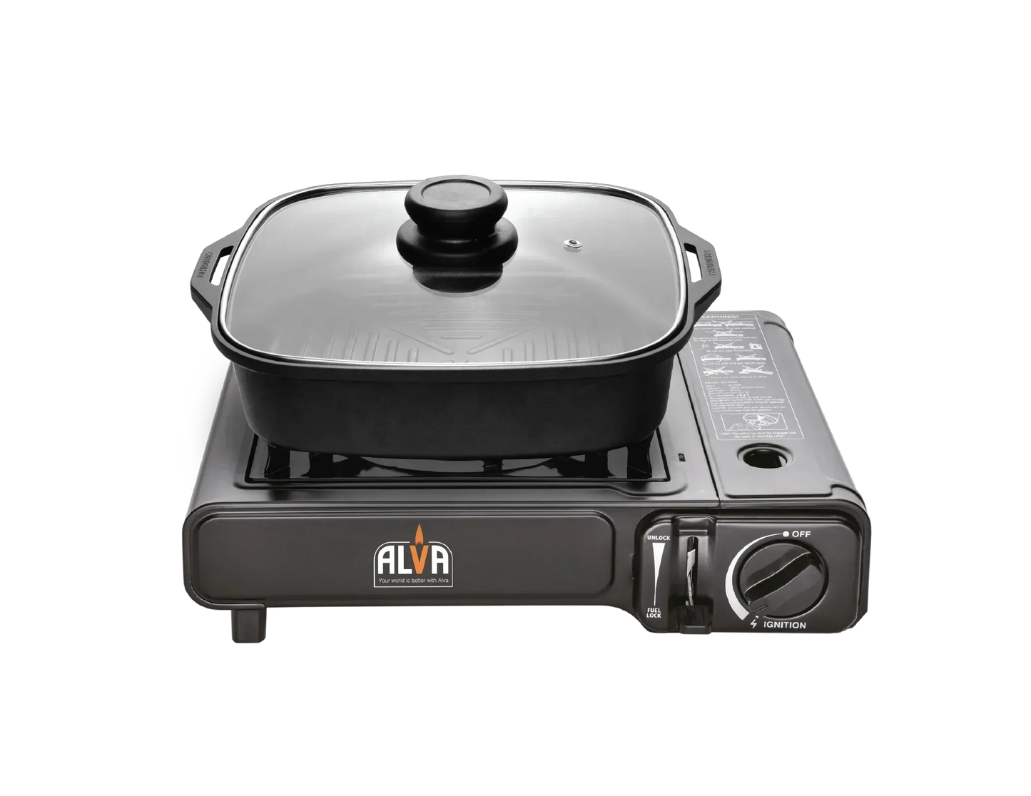 Alva Single Burner Butane Canister Stove + Cooking Pot & Lid Guards On Duty Security
