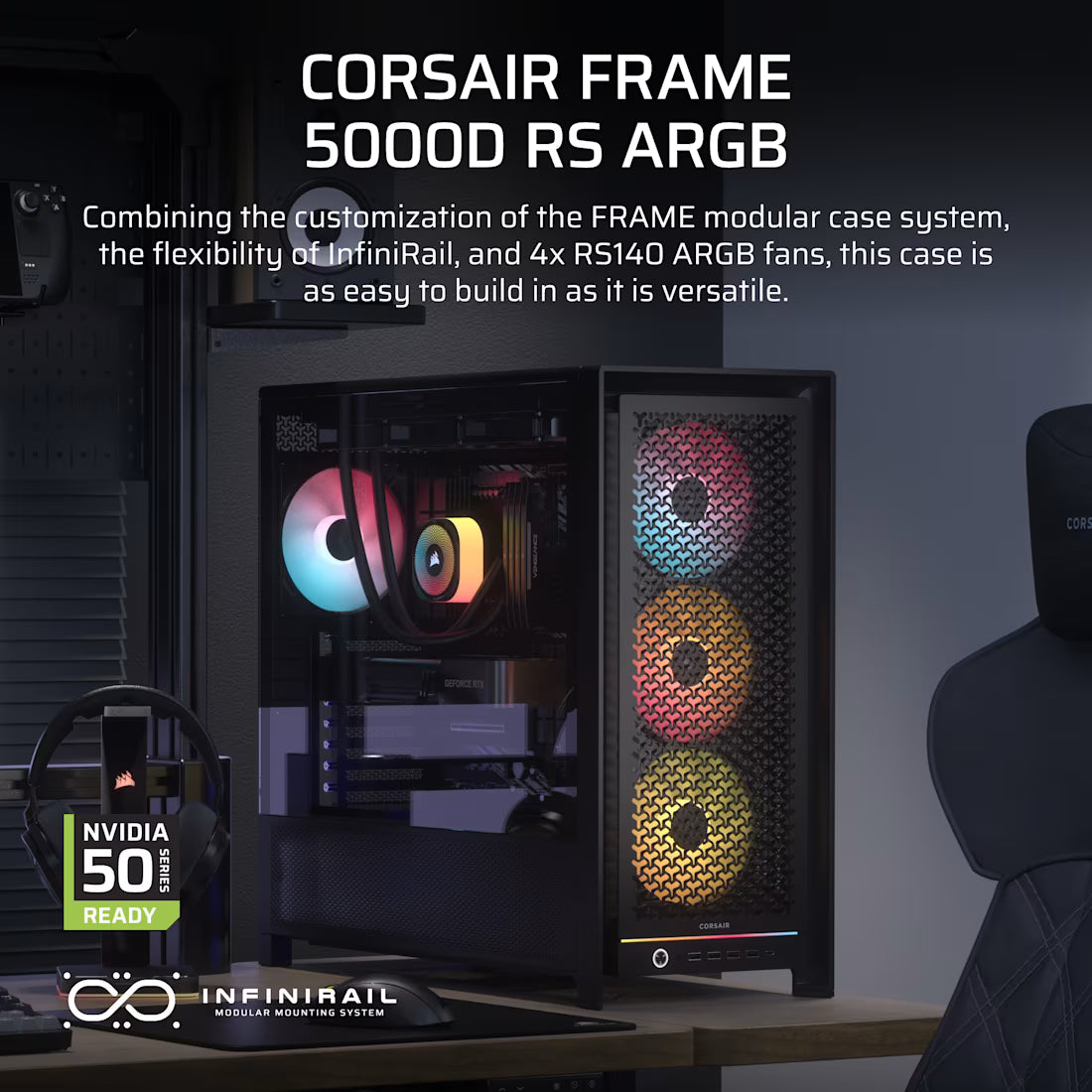 FRAME 5000D RS ARGB Mid-Tower PC Case; 4x RS140 ARGB Fans; 2x 2.5'' ; 1x 3.5'' ; Black.