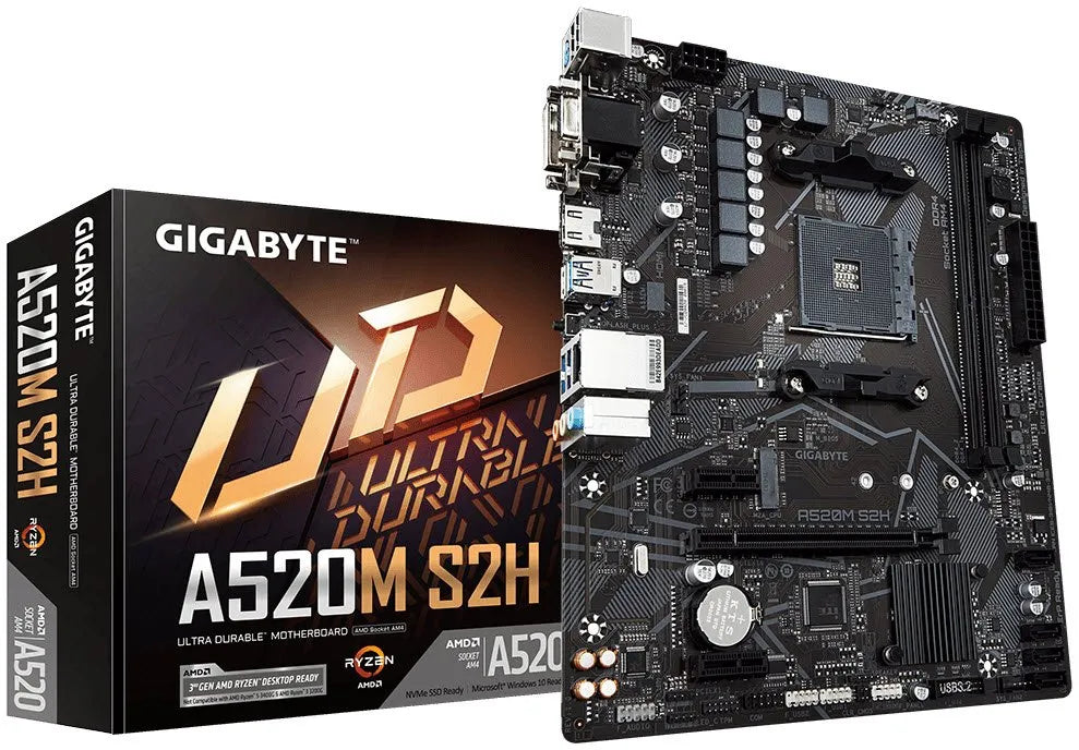 GIGABYTE Motherboard AMD A520M-S2H  for 3rd/4th/5th Generation AMD Ryzen™ processors; 2x Dual DDR4; 1x M2; HDMI; DVI; VGA.