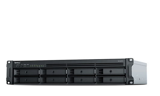 RackStation 8-bay (up to 12-bay); AMD Ryzen V1500B 2.4Ghz; 4GB RAM (Up to 32GB); 4 x GbE LAN; 2x USB3.2; 1x eSATA;