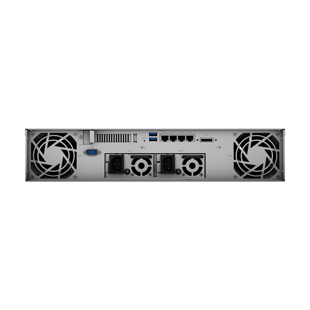 RackStation 8-bay (up to 12-bay); AMD Ryzen V1500B 2.4Ghz; 4GB RAM (Up to 32GB); 4 x GbE LAN; 2x USB3.2; 1x eSATA;