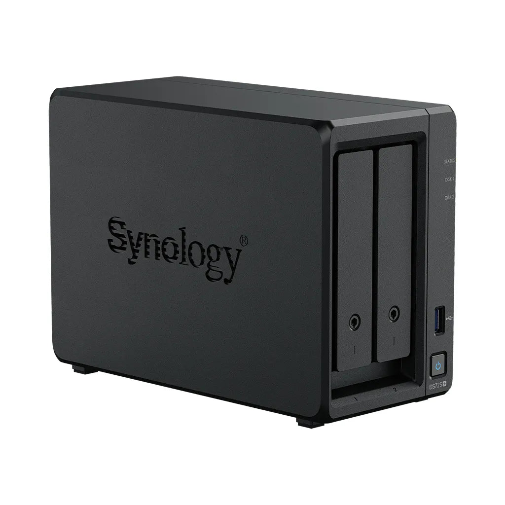 Synology DS725+ 2 Bay NAS AMD Ryzen R1600 2C CPU 4 GB DDR4 ECC SODIMM (2 RAM slots) 1 x RJ-45 1GbE 1 x RJ-45 2.5GbE