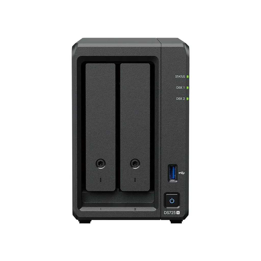 Synology DS725+ 2 Bay NAS AMD Ryzen R1600 2C CPU 4 GB DDR4 ECC SODIMM (2 RAM slots) 1 x RJ-45 1GbE 1 x RJ-45 2.5GbE