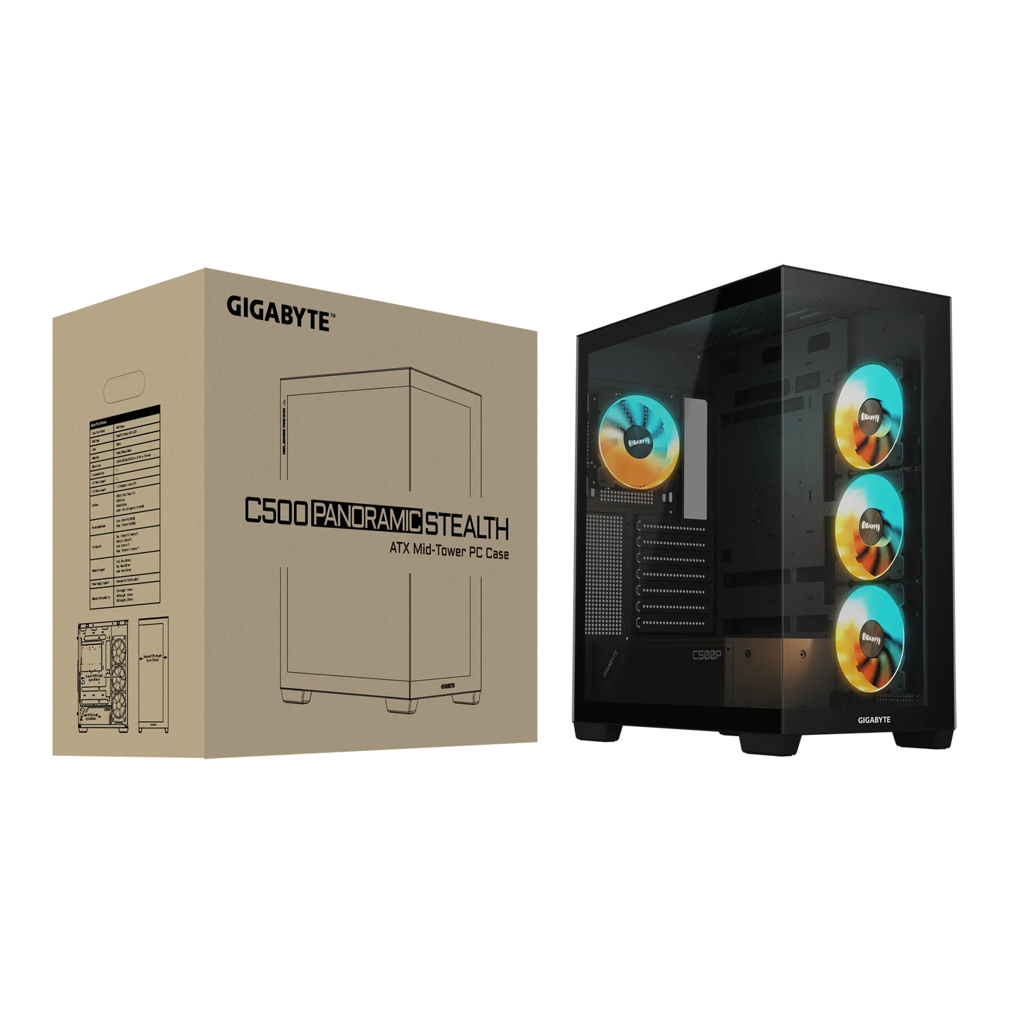 Gigabyte C500 Panoramic Stealth ATX Chassis; 1x 3.5'' | 2x 2.5'' Drive Bays; 360mm Radiator compatible; 4x 120mm ARGB fan incl;