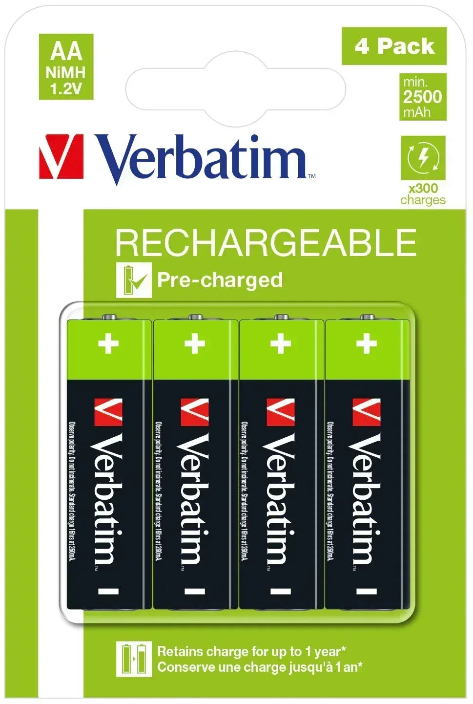VERBATIM AA RECHARGEABLE BATTERIES (2500 SERIES) 4 PACK - Guards On Duty Shop & Security Guards