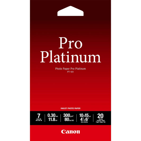 CANON PT-101 - PRO PLATINUM PT-101 4 X 6 - 20 SHEETSPRO PLATINUM 10 X 15CM (4X6'') - 20 SHEETS. 300 GSM, 0.30MM THICK - Guards On Duty Shop & Security Guards