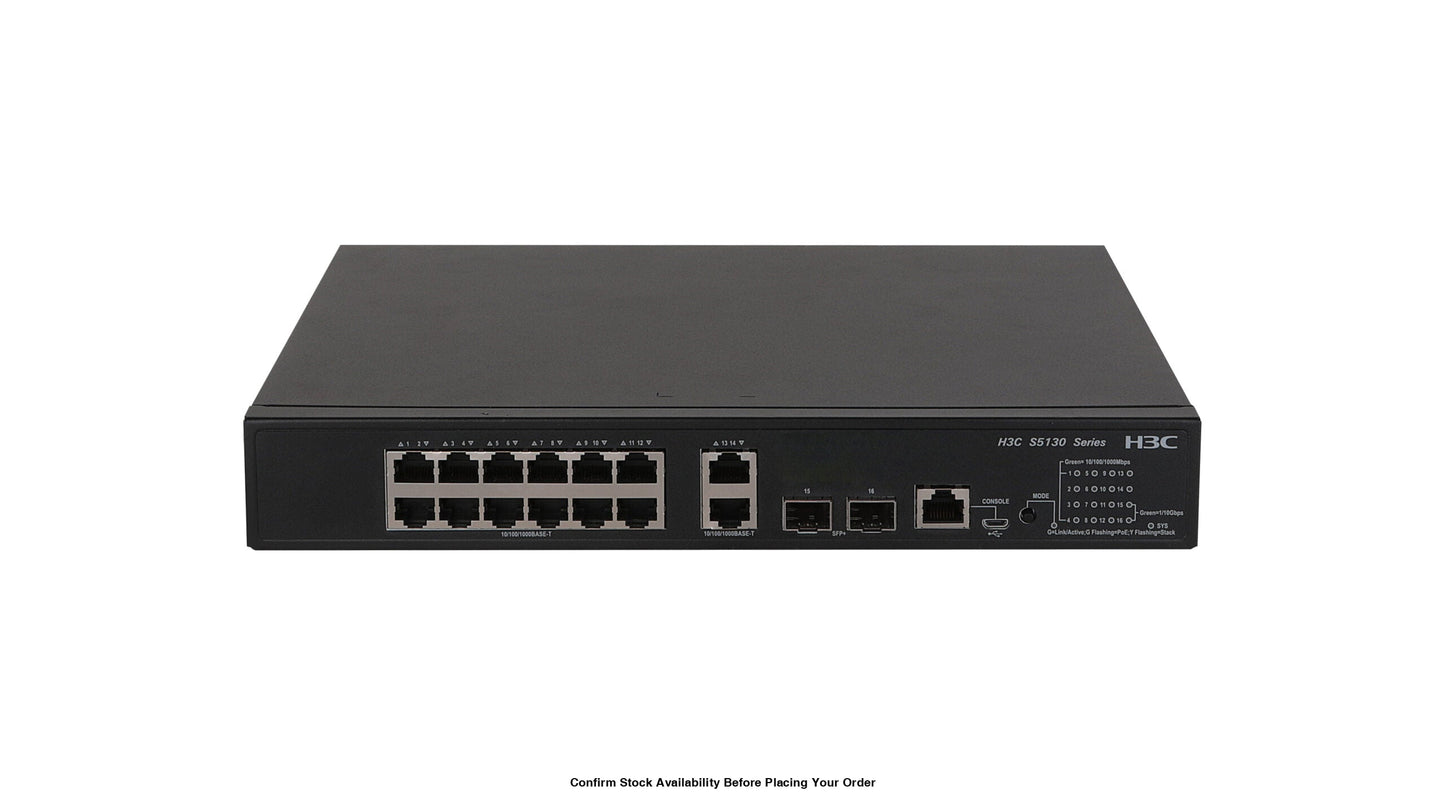H3C S5130S-16S-PWR-EI L2 ETHERNET SWITCH WITH 12*10/100/1000BASE-T POE+ PORTS, 2*10/100/1000BASE-T PORTS AND 2*1G/10GBASE-X SFP PLUS PORTS, (AC) - Guards On Duty Shop