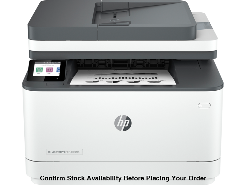 HP LASERJET PRO MFP 3103FDW PRINTER. FUNCTIONS: PRINT, COPY, SCAN, FAX. PRINT TECHNOLOGY: LASER. PRINT SPEED: UP TO 33 PPM BLACK (A4, NORMAL); UP TO 20 IPM BLACK (A4, DUPLEX). PRINT RESOLUTION: UP TO 1200 X 1200 DPI BLACK (BEST); TECHNOLOGY: : 600DPI WITH - Guards On Duty Shop