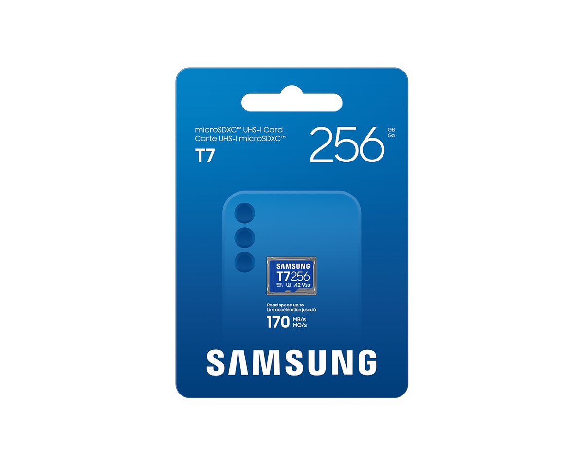 Samsung MB-MB256GBT T7 microSDXC Card; 256GB; Read : up to 170MB/s Write : Lower than Read Speed* Read/Write speed with UHS-1 in