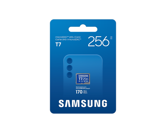 Samsung MB-MB256GBT T7 microSDXC Card; 256GB; Read : up to 170MB/s Write : Lower than Read Speed* Read/Write speed with UHS-1 in
