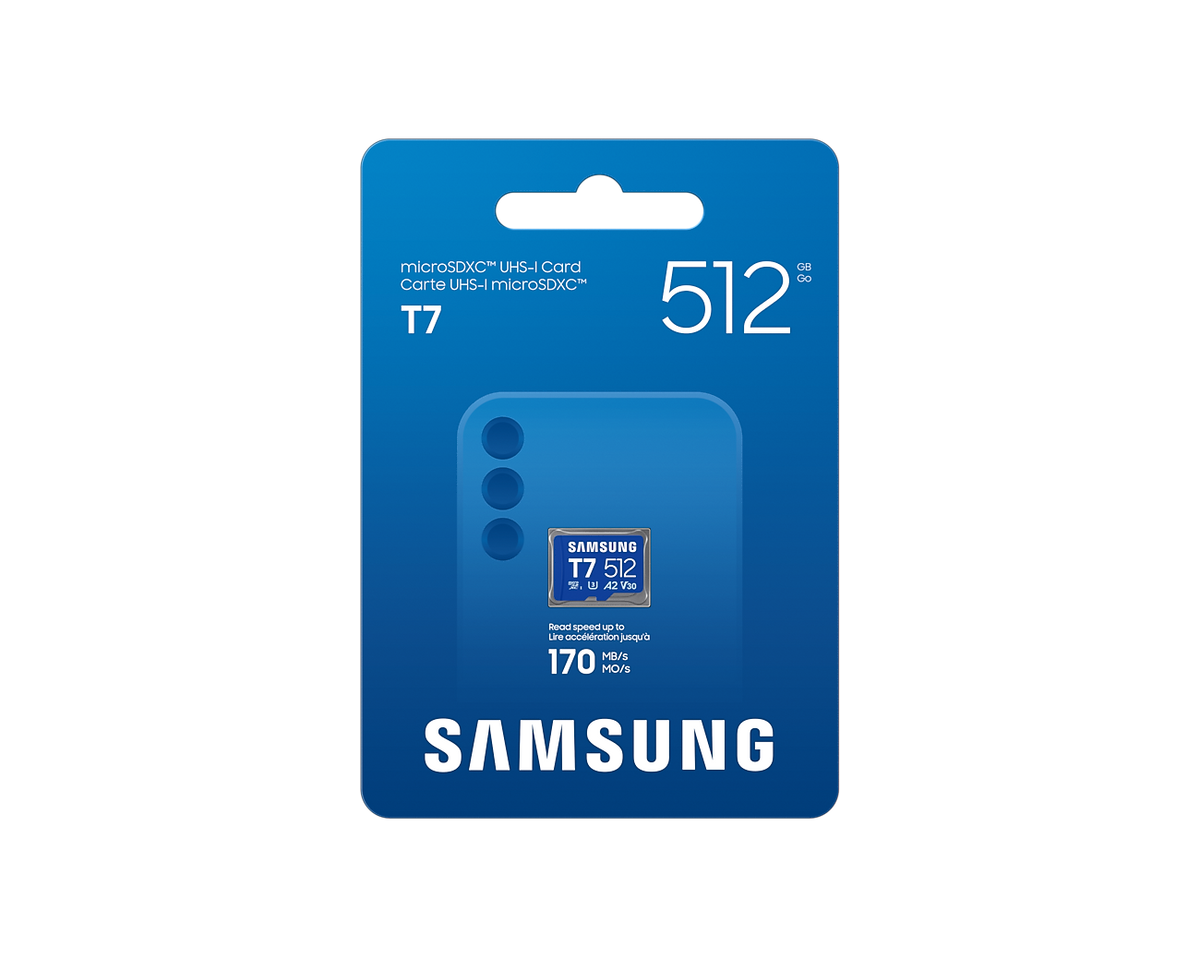 Samsung MB-MB512T T7 microSDXC Card; 512GB; Read : up to 170MB/s Write : Lower than Read Speed* Read/Write speed with UHS-1 inte