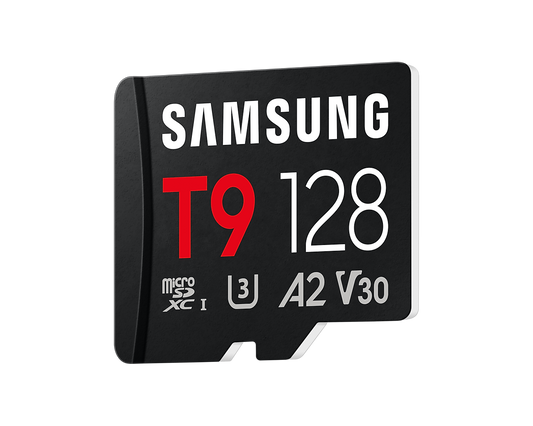 Samsung MB-MH128T T9 microSDXC Card; 128GB; Read : up to 200MB/s Write : up to 130MB/s with UHS-1 interface; Speed Class (U3; V