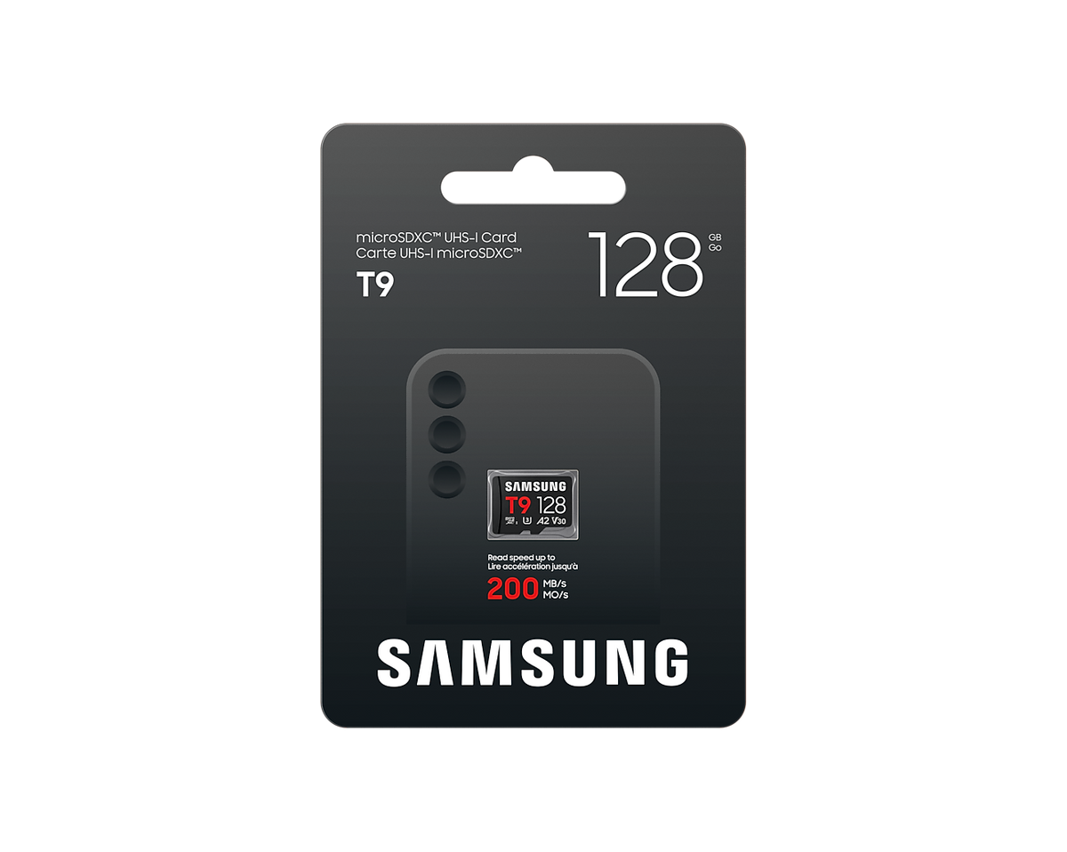 Samsung MB-MH128T T9 microSDXC Card; 128GB; Read : up to 200MB/s Write : up to 130MB/s with UHS-1 interface; Speed Class (U3; V