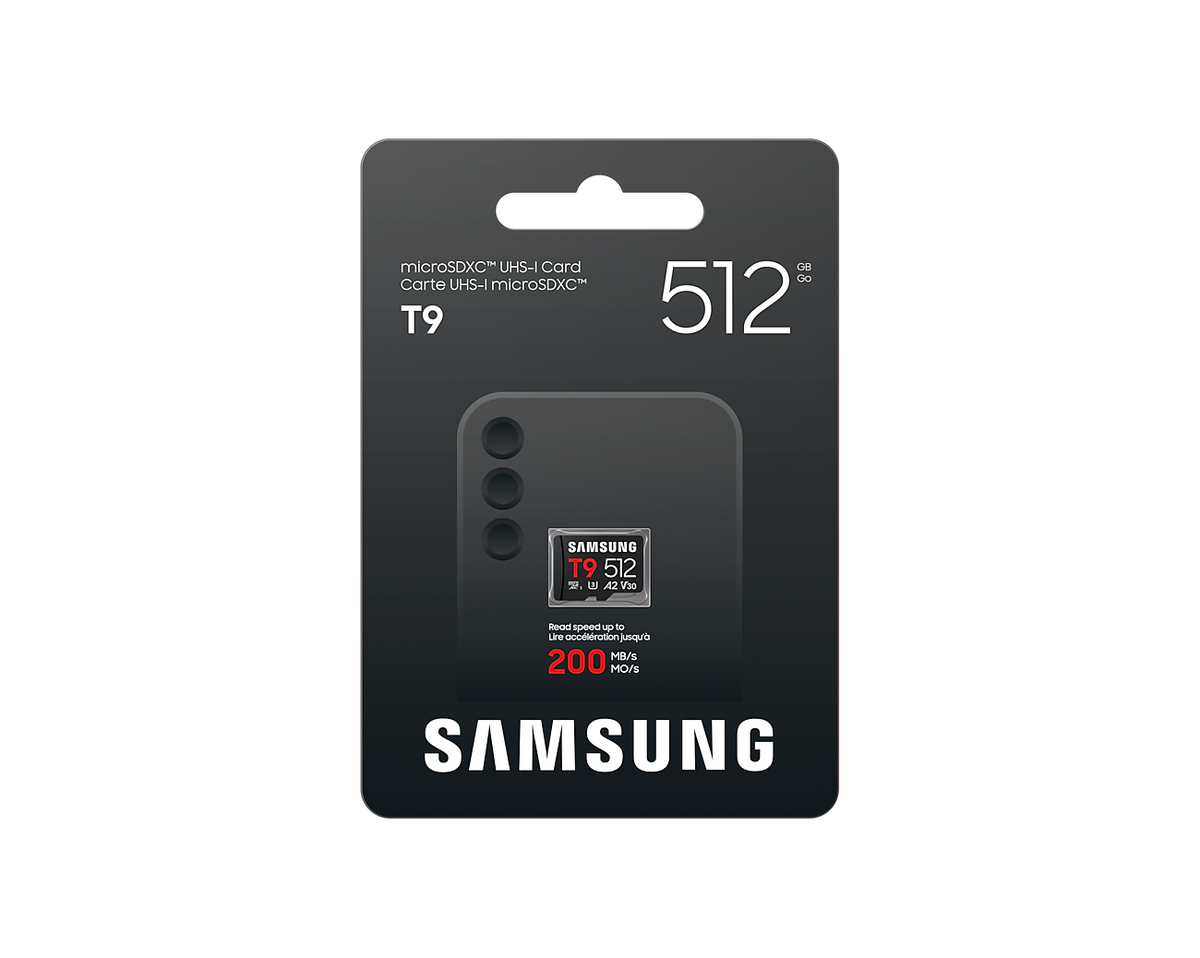 Samsung MB-MH512T T9 microSDXC Card; 512GB; Read : up to 200MB/s Write : up to 130MB/s with UHS-1 interface; Speed Class (U3; V
