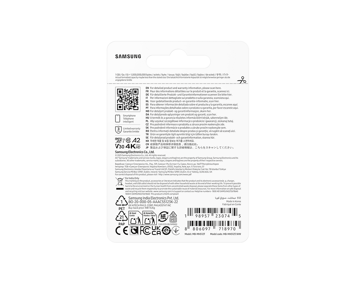 Samsung MB-MH512T T9 microSDXC Card; 512GB; Read : up to 200MB/s Write : up to 130MB/s with UHS-1 interface; Speed Class (U3; V