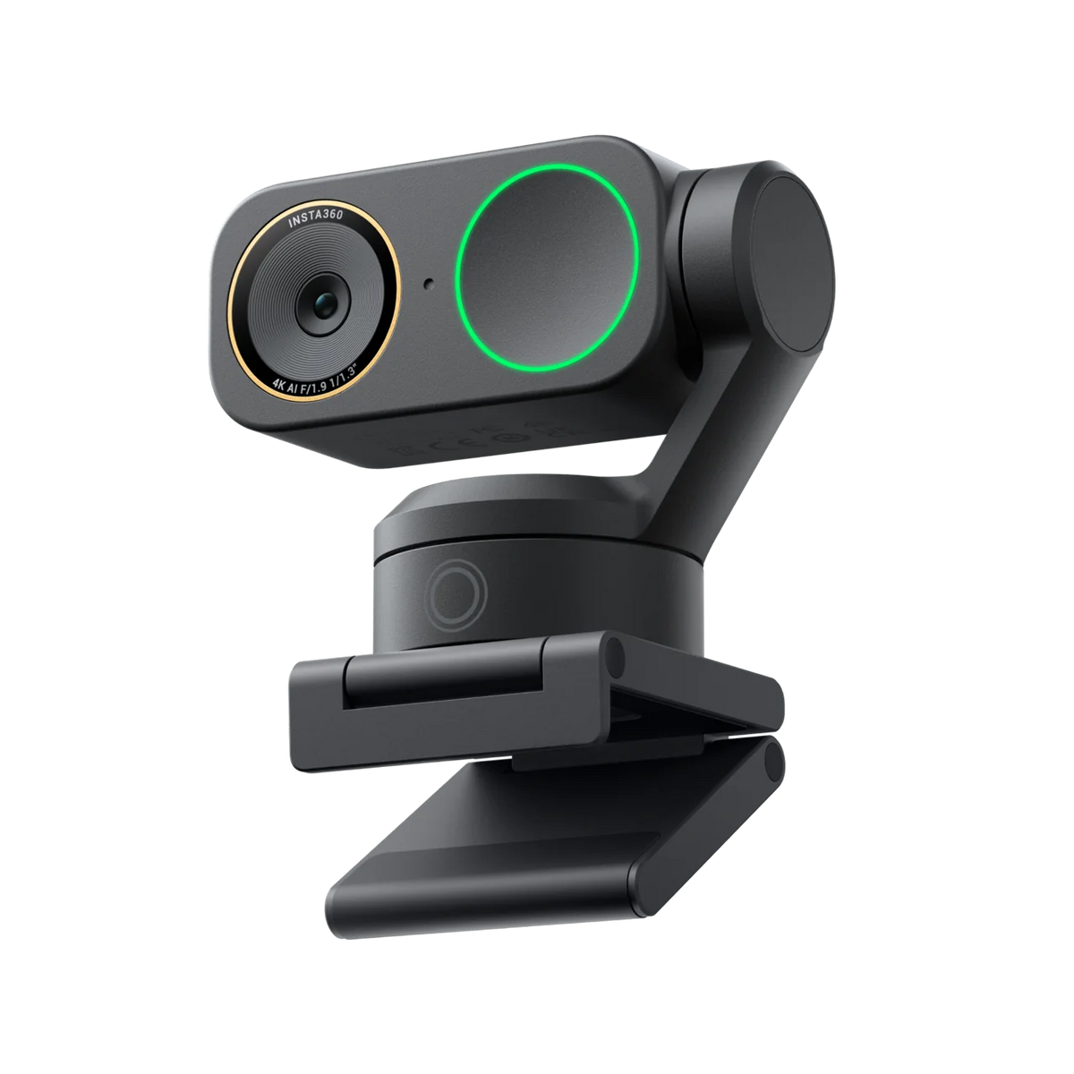 Insta360 Link 2 Pro AI 4K webcam in Graphite Black on its magnetic mount, front three-quarter view showing the gimbal