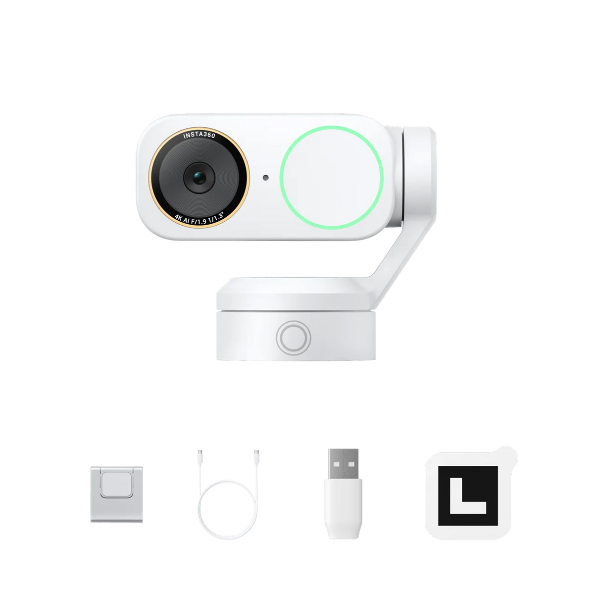 Insta360 Link 2 Pro Arctic White with the white magnetic mount, USB-C cable, adapter and recognition markers