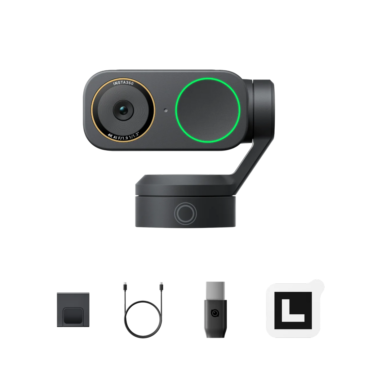 Insta360 Link 2 Pro front view with the magnetic mount, USB-C cable, USB-C to USB-A adapter and recognition markers
