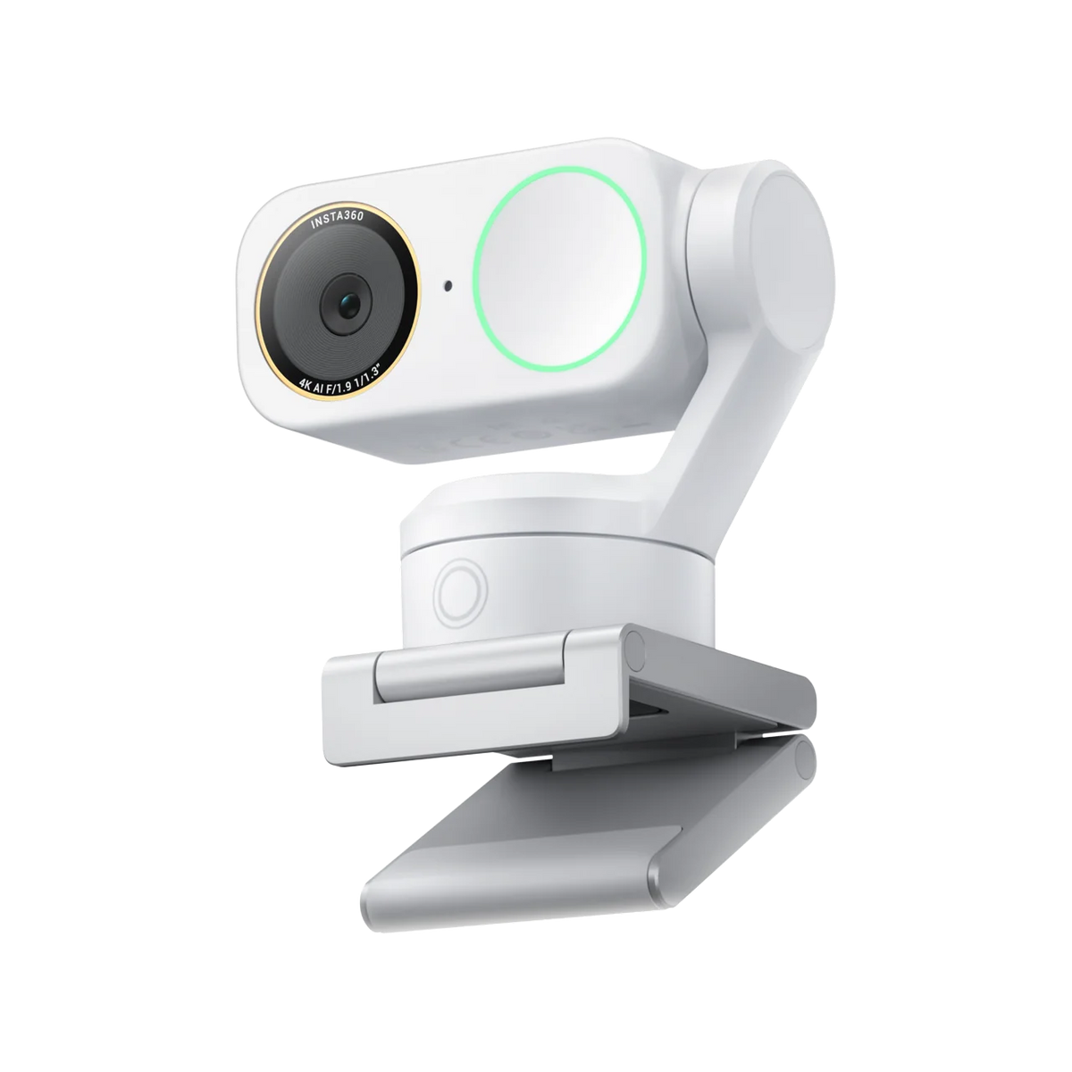 Insta360 Link 2 Pro in Arctic White on its magnetic mount, front three-quarter view