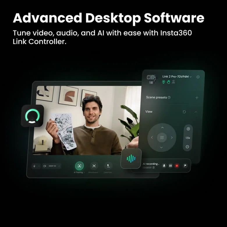 Insta360 Link 2 Pro Link Controller desktop software with video, audio and AI controls