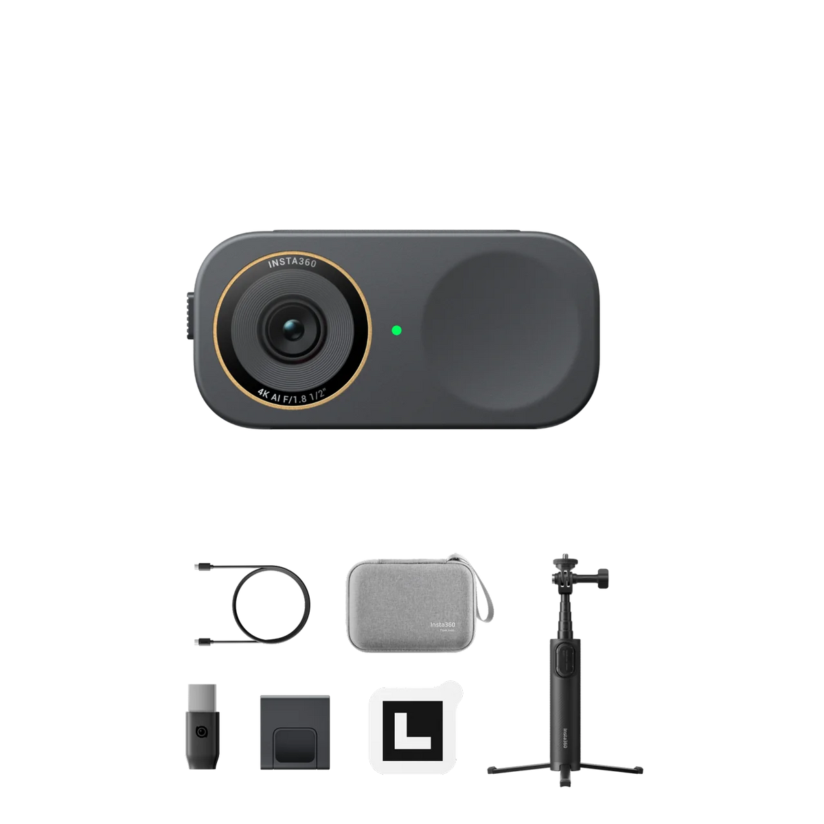 Insta360 Link 2C Pro with the Get-Set Bundle accessories: magnetic mount, USB-C cable, adapter, recognition markers, carry case and mini tripod