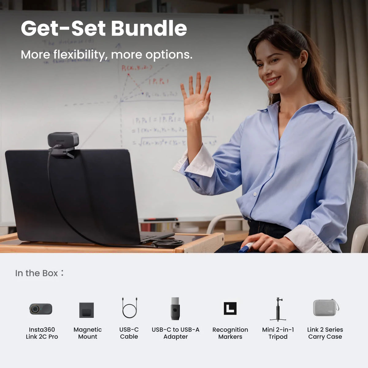 Insta360 Link 2C Pro Get-Set Bundle lifestyle shot on a laptop with the in-the-box contents listed