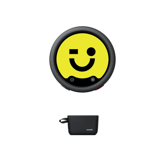 Insta360 Mic Pro transmitter with a custom yellow smiley on its E-Ink display, with the carry pouch