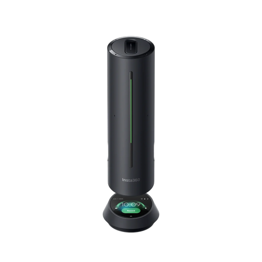 Insta360 Wave AI speakerphone in Graphite Black, raised, with the touchscreen base showing the time