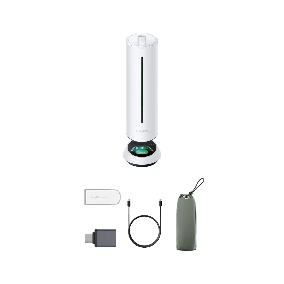 Insta360 Wave Arctic White with the dongle, adapter, USB-C cable and carry bag
