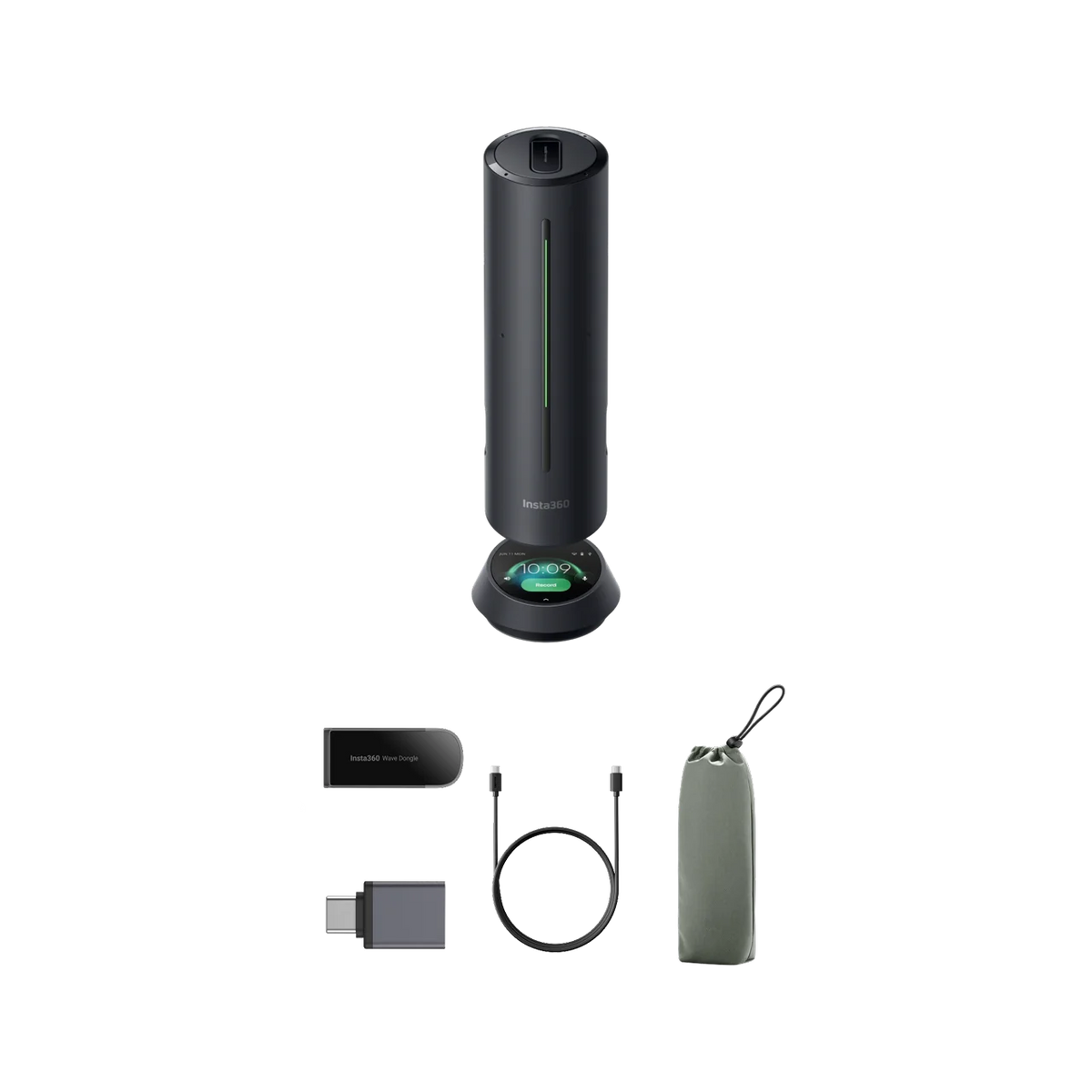 Insta360 Wave with the wireless dongle, USB-A to USB-C adapter, USB-C cable and carry bag