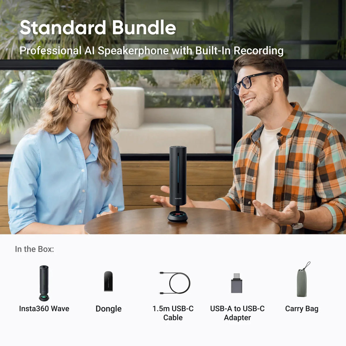Insta360 Wave Standard Bundle on a meeting table with the in-the-box contents listed