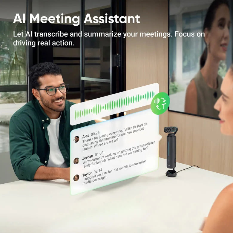 Insta360 Wave AI meeting assistant graphic with a live transcript beside the speakerphone and Link 2 webcam
