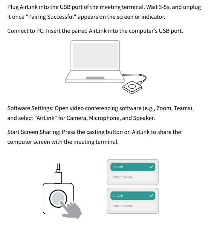 Kandao AirLink usage steps: pair at the Meeting Pro 2, plug into the laptop, select AirLink, press the casting button