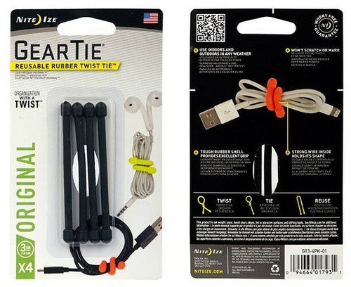 Nite Ize Gear Tie Reusable Rubber Twist Tie 3in - 4 Pack - Red