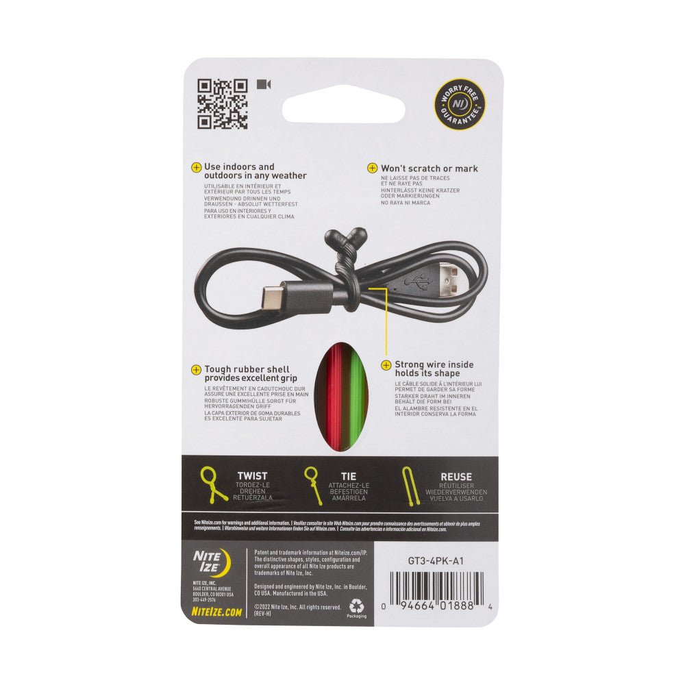 Nite Ize Gear Tie Reusable Rubber Twist Tie 3in - 4 Pack - Assorted