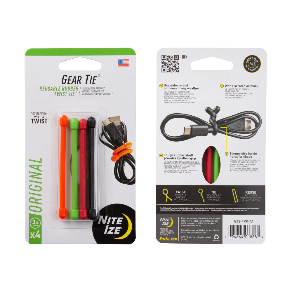 Nite Ize Gear Tie Reusable Rubber Twist Tie 3in - 4 Pack - Assorted