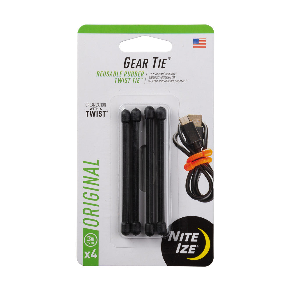 Nite Ize Gear Tie Reusable Rubber Twist Tie 3in - 4 Pack - Black