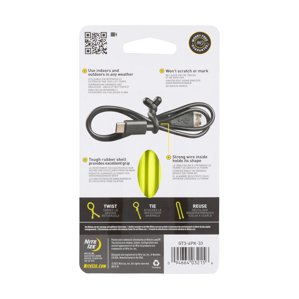 Nite Ize Gear Tie Reusable Rubber Twist Tie 3in - 4 Pack - Neon Yellow