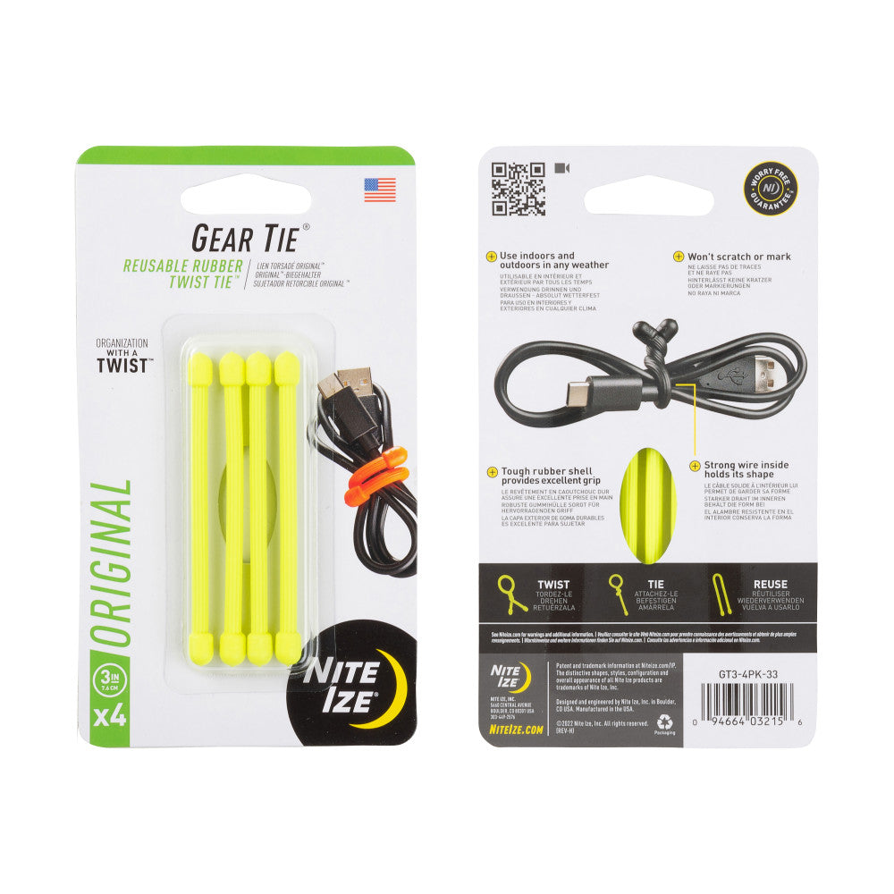 Nite Ize Gear Tie Reusable Rubber Twist Tie 3in - 4 Pack - Neon Yellow
