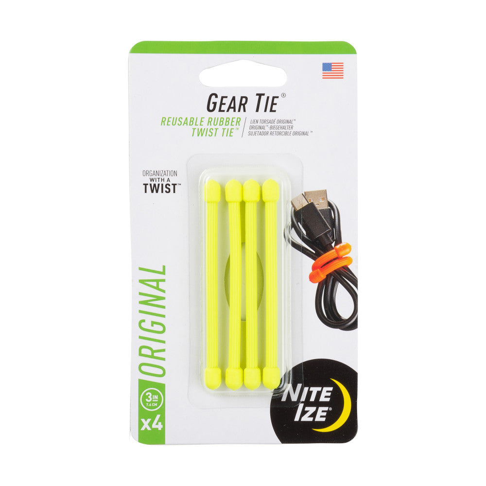 Nite Ize Gear Tie Reusable Rubber Twist Tie 3in - 4 Pack - Neon Yellow