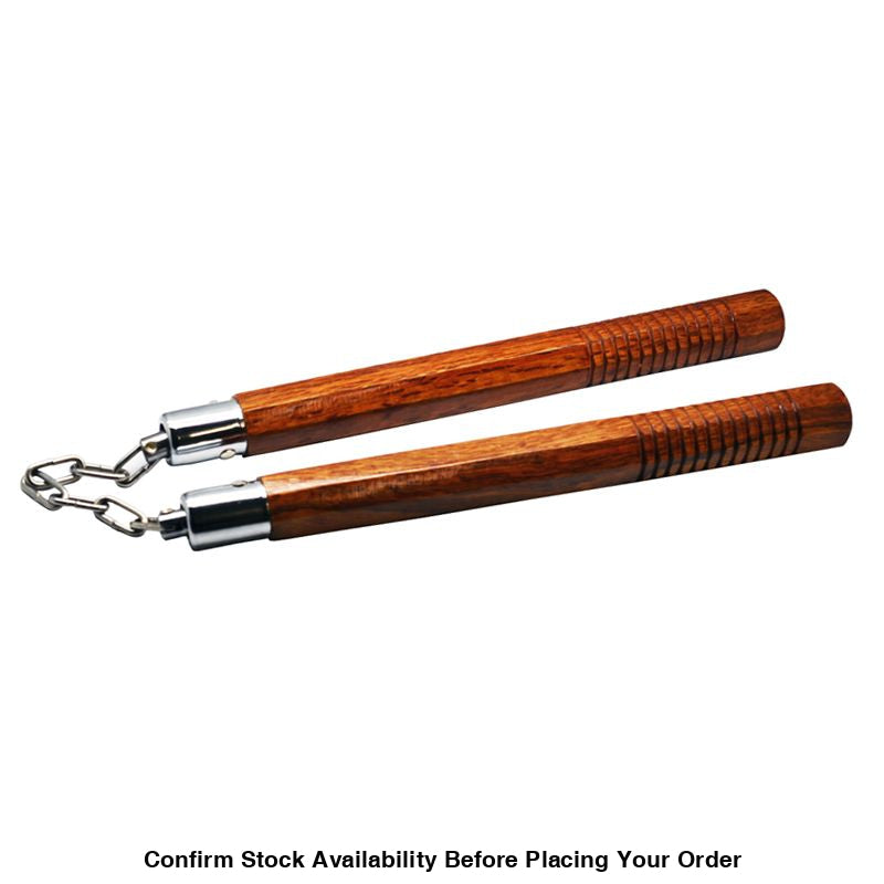 Nunchaku Natural Wood Octagonal Grooved - Chain w/Ball Bearing 12" - Guards On Duty Shop