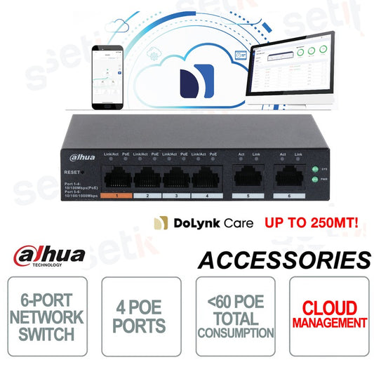 Dahua Switch Managed 4 Poe 10/100 1 Port GB RJ45 1 Port GB SFP 60W