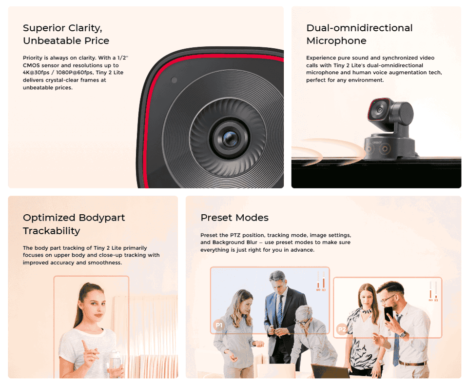 OBSBOT Tiny 2 4K AI PTZ Webcam
