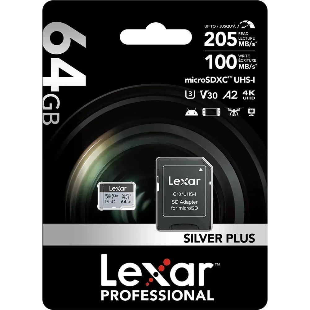 Lexar 64GB Professional SILVER PLUS UHS-I microSDXC Memory Card + SD Adapter Guards On Duty Security